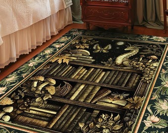 Enchanted Library Dragon Rug Mystical Dark Academia Bookshelf Fantasy Folklore Decor | Vintage Gothic Cottagecore Bookish Reading Nook Art