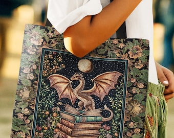 Medieval Library Mystic Dragon Tapestry Tote | Ethereal Victorian Floral Bag for Book Lovers Woodland Fairytale Dark Academia Folklore Style