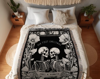 Gothic Couple Custom Gift &#39;Our First Christmas&#39; Personalized Tapestry | Gothic Wedding Custom Blanket Woven | Spooky Wedding Gift Custom Art