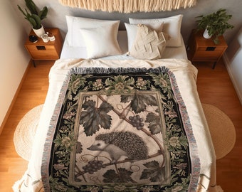 Mystic Botanical Hedgehog Blanket | Whimsy Woodland Victorian Throw Blanket Cozy Cottagecore Rustic Throw Dark Fairy Aesthetic Room Hedgehog
