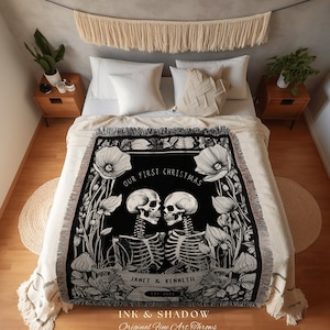 Gothic Couple Custom Gift 'Our First Christmas' Personalized Tapestry | Gothic Wedding Custom Blanket Woven | Spooky Wedding Gift Custom Art