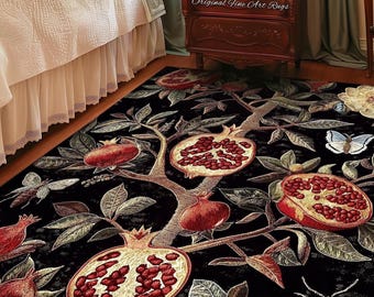 Gothic Forestcore Vintage Pomegranate Rug Botanical Goblincore Decor | Mystic Baroque Inspired Dark Academia Floral Butterfly Whimsigothic