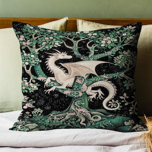 Enchanted Forest Dragon Tapestry Pillow Dark Woodland Gothic Decor | Mystical Cottagecore Aesthetic Vintage Medieval Renaissance Cushion |