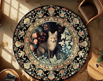 Woodland Gothic Fox Forestcore Rug Dark Botanical Cottagegoth Room Decor | Vintage Aesthetic Mystical Forest Fox Rug Floral Fairycore Decor