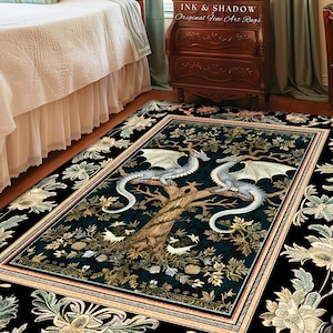Mystical Victorian Dragon Rug Ornate Floral Art Nouveau Design, Enchanted Baroque Forest Fantasy | Medieval Gothic Cottagecore Accent Decor