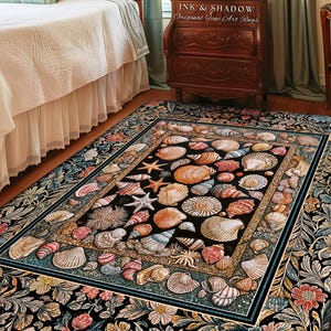 May include: A rectangular area rug featuring a central black panel filled with a variety of colorful seashells and starfish, surrounded by a decorative border of intricate floral patterns in shades of orange, blue, and green on a black background.