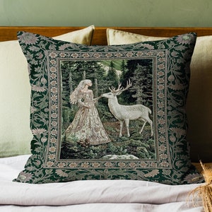 Botanical Folklore Ethereal Woven Pillow | Forest Elegance Mother Earth Tapestry Cushion Fantasy Dark Green Dark Fairycore Romantic Style |