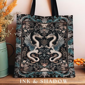Art Deco Dragon Everyday Bag Antique Mystical Baroque Style Decor | Abstract Dragon Art Tote Whimsical Aesthetic Home Dark Academia Teal Bag