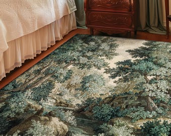 Antique Style English Forest Stream Romantic Verdure Area Rug | Old World Woodland Landscape Greenery European Traditional Art Bedroom Decor