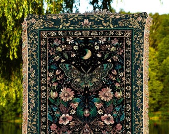 Mystic Moonlit Garden Moth Blanket Whimigothic Fairycore Decor | Dark Floral Witchy Moth Tapestry Whimsical Decor Butterfly Cottagecore Gift