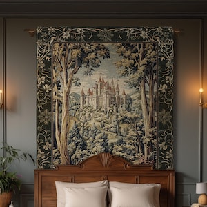 May include: A rectangular wall tapestry featuring a detailed woven scene of a castle nestled within a dense forest, framed by a dark green border with floral motifs. The text "INK & SHADOW Fine Art Home Decor" is printed at the bottom center.