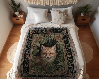 Ethereal Fox Blanket Botanical | Cottagecore Room Decor Morris Inspired Forest Aesthetic Fairycore Boho Woven Tapestry Ethereal Decoration |