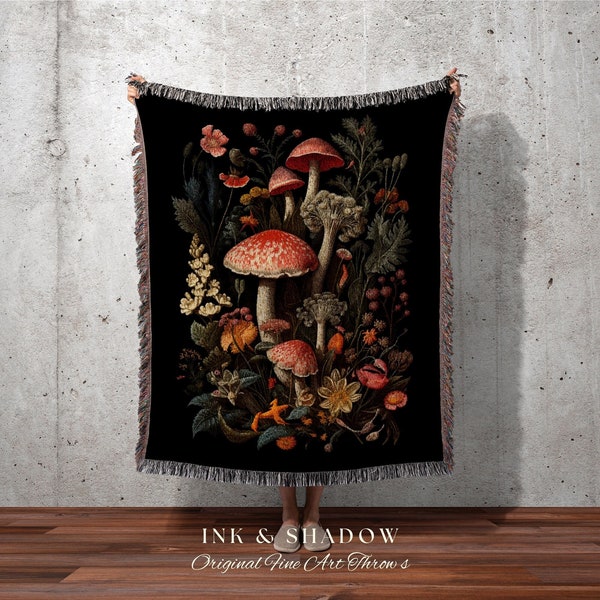 Mushroom Blanket Woven Wall Hanging | Vintage Mushroom Painting Tapestry Woven | Baroque Decor Witch Aesthetic Mushroom Tapestry Cottagecore