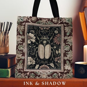 Whimsigoth Beetle Baroque Tapestry Tote Victorian Gothic Bag | Dark Cottagecore Botanical Bug Whimsical Oddities Curiosity Ornate Floral |