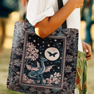 Enchanted Fall Forest Celestial Dragon Bag Whimsical Starry Night Tote | Magical Woodland Goblincore Mystical Moon Fairytale Ethereal Art