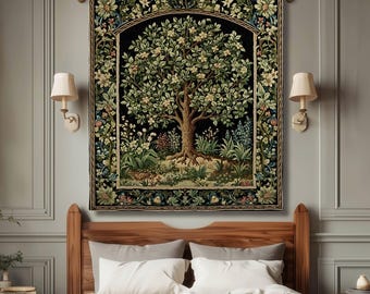 Tree Of Life Woven Blanket | William Morris Inspired Throw Botanical Tapestry Medieval Aesthetic Nordic Tapestry Renaissance Room Decor |