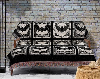 Black & White Witchy Bat Blanket | Spooky Aesthetic Retro Halloween Tapestry Dark Cottagegoth Wall Art Spooky Season Decor Bat Gift Cozy |