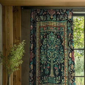 Mystic Ornamental Morris Inspired Tree Curtain | Cool Tones Botanical Design Fairytale Floral Drapes Romantic Aesthetic Rococo Cottagecore |