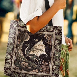 Mystical Dragon Blanket Gilded Hygge Antique Moonlit Forest Fantasy Art Tote Bag | Vintage Celestial Romantic Baroque Woodland Tapestry Tote