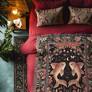 Dark Floral Celestial Pisces Zodiac Tapestry Throw Mystic Star Sign Astrology Gifts | Regal Vintage Victorian Fish Art Birth Month Blanket