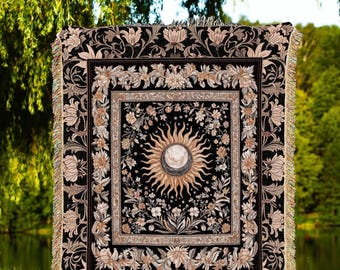 Divine Aesthetic Sun and Moon Tapestry | Magical Astrology Celestial Whimsigothic Boho Woven Wall Art Mystic Magic Maximalist Throw Blanket