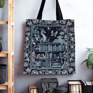 Midnight Blue Enchanted Library Dragon Tote Celestial Dark Academia Fairycore | Whimsical Gothic Cottagecore Fantasy Art Tapestry Bag Woven