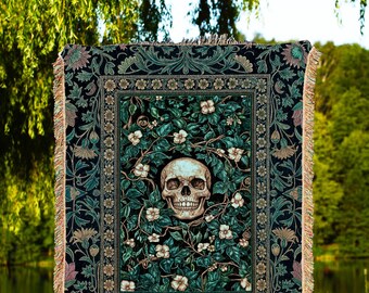Wildflower Wilds Skull Woven Blanket | Botanical Macabre Wall Tapestry Gothic Aesthetic Wiccan Throw Witchy Tarot Skeleton Whimsigoth Decor
