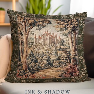 Mystic Castle Book Nook Tapestry Pillow Ethereal Fairycore Folklore Aesthetic | Magical Woodland Botanical Cushion Dark Academia Indie Decor