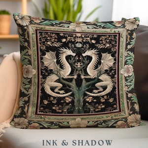 Floral Fairycore Fantasy Cottagecore Dragon Lovers Ornate Woodland Gothic Pillow | Enchanted Forest Art Medieval Baroque Tapestry Cushion