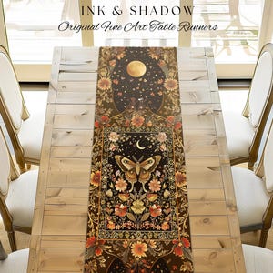 Rustic Floral Cottageore Moth Table Runner Vintage Aesthetic Fairycore Dining Room Decor | Dark Academia Botanical Butterfly Moth Witchy |