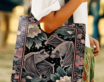 Gothic Bat Tote Bag Boho Dark Floral Gothic Gift for Bat Lover Dark Cottagecore Dark Floral Satchel Dark Bats Witchy Bag Woven Tapestry Tote