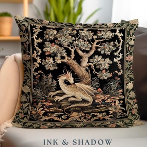 Dragon Tree of Life Woven Pillow Medieval Fairytale Decor | Cottagecore Fairycore Aesthetic Mystical Tapestry Cushion Fantasy Inspired Art