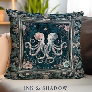Ocean Blue Octopus Woven Pillow | Rustic Nautical Sea Life Tapestry Cushion Floral Victorian Gothic Aesthetic Costal Crustaceancore Art |