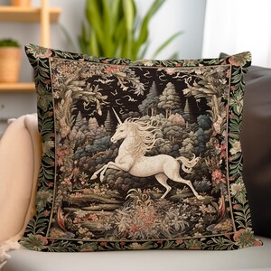 Whimsical Folklore Unicorn Pillow Mystical Botanical Cottagecore Decor | Morris Style Fairycore Art Princesscore Aesthetic Tapestry Cushion