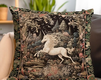 Whimsical Folklore Unicorn Pillow Mystical Botanical Cottagecore Decor | Morris Style Fairycore Art Princesscore Aesthetic Tapestry Cushion