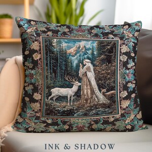 Magical Forest Fantasy Pillow | Ancient Druid Throw Pillow Woodland Spirit Animal Fairytale Decor Ethereal Woven Tapestry Cushion Folklore