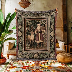 Nostalgic Christmas Santa Blanket Vintage Rustic Holiday Charm | Enchanted Forest Scene Reindeer Tapestry Woven Throw Victorian Cottagecore