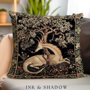 Dark Academia Dragon Pillow Medieval Folklore Decor | Fairytale Inspired Dark Cottagecore Fairycore Cushion Mystical Gothic Game Room Accent