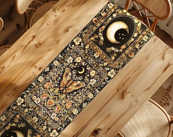 Whimsical Moth Table Runner Cottagecore Rustic Home Decor | Mystic Floral Butterfly Aesthetic Moth Dining Room Bohemian Fairycore Gift Cute