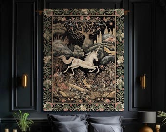 Fairytale Unicorn Tapestry Blanket | Folklore Aesthetic Room Decor Morris Inspired Cottagecore Cozy Fairycore Woven Throw Mystical Bedroom
