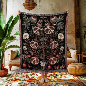 Enchanted Forest Pomegranate Blanket Woodland Botanical Forestcore Decor | Nature Inspired Victorian Gothic Dark Cottagecore Tapestry Throw