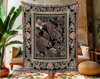 Goblincore Bat Lovers Tapestry Blanket Gothic Cottagecore | Dark Woodland Art Ethereal Botanical Woven Throw Mystic Moody Forest Home Decor