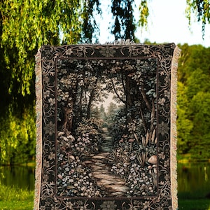 Fairy Meadow Mushroom Forest Woven Blanket Mystic Academia Folklore Inspired, Fairycore Woodland Gothic Whimsical Medieval Tapestry Throw