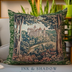 Fairytale Aesthetic Castle Tapestry Pillow Fairycore Folklore Inspired Decor | Magical Woodland Bedroom Whimsigothic Ethereal Forest Cushion