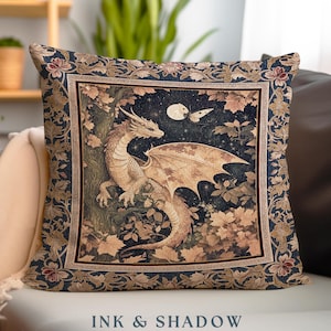 Ethereal Dragon Tapestry Pillow Antique Mystical Moonlit Forest Fairytale Decor | Enchanted Fairycore Celestial Night Fantasy Art Cushion |