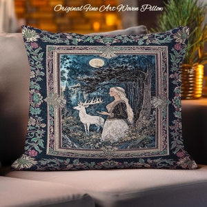 Moonlit Fairytale Mystic Throw Pillow | Woodland Gothic Forest Green Nature Goddess Woven Tapestry Cushion Folklore Botanical Fantasy Style