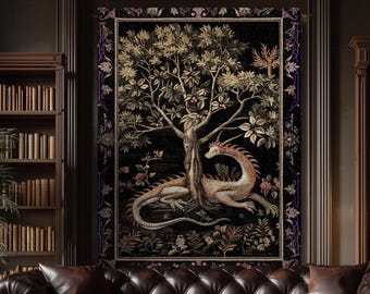 Goblincore Dragon Throw Blanket | Medieval Fairytale Inspired Nursery Decor Morris Style Cottagecore Fairycore Woven Throw Tapestry Gothic |