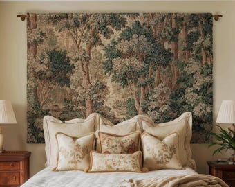 Pastoral Woodland Scene Forest Wall Hanging Jacquard Tapestry, European Verdure French Country Style Romantic Landscape Woven Throw Blanket