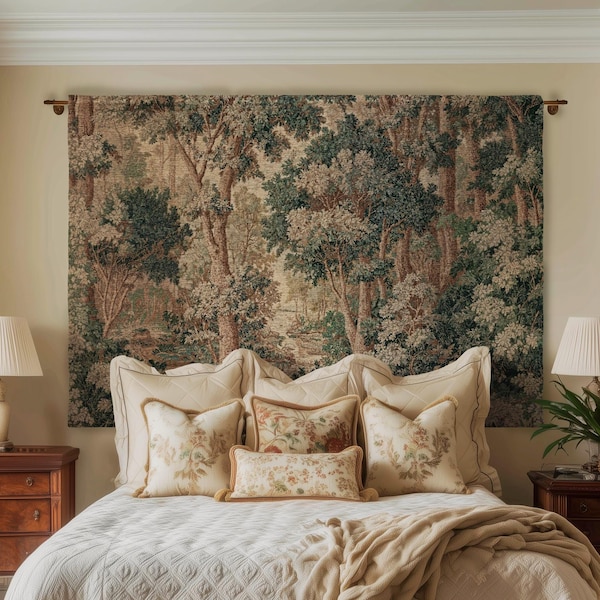 Pastoral Woodland Scene Forest Wall Hanging Jacquard Tapestry, European Verdure French Country Style Romantic Landscape Woven Throw Blanket