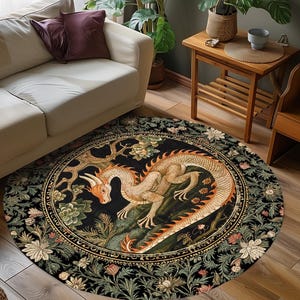 Enchanted Woods Round Dragon Rug | Medieval Aesthetic Fairytale Nursery Decor Morris Style Cottagecore Fairycore Bedroom Mystical Woodland